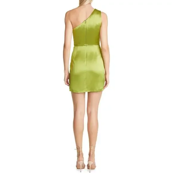 Sau Lee Heidy Green One Shoulder Satin Faux Wrap Mini Dress Size 14